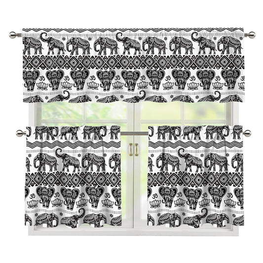 White And Black Indian Elephant Print 3 Piece Kitchen Curtains