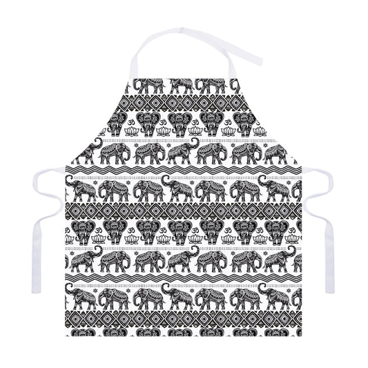 White And Black Indian Elephant Print Adjustable Apron