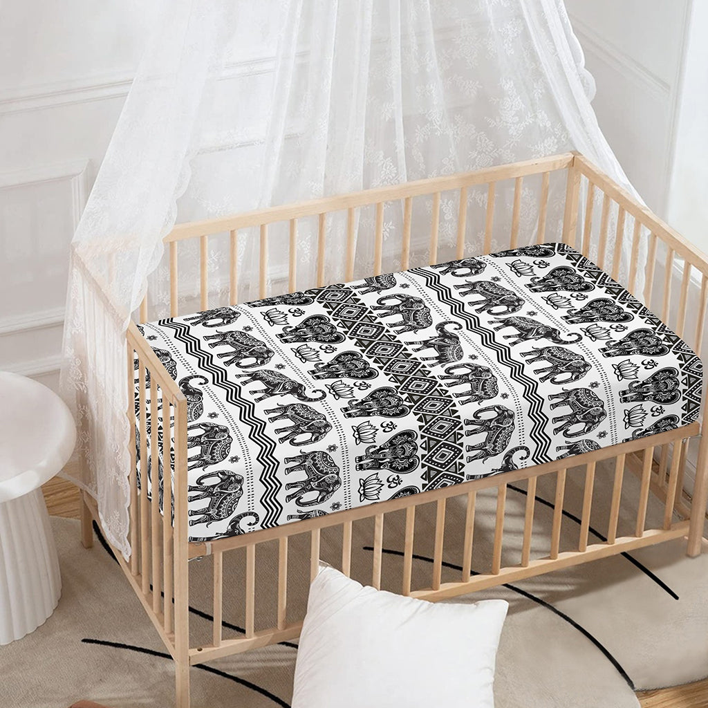 White And Black Indian Elephant Print Baby Crib Sheet