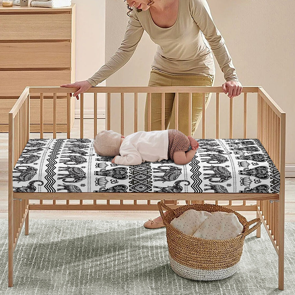 White And Black Indian Elephant Print Baby Crib Sheet
