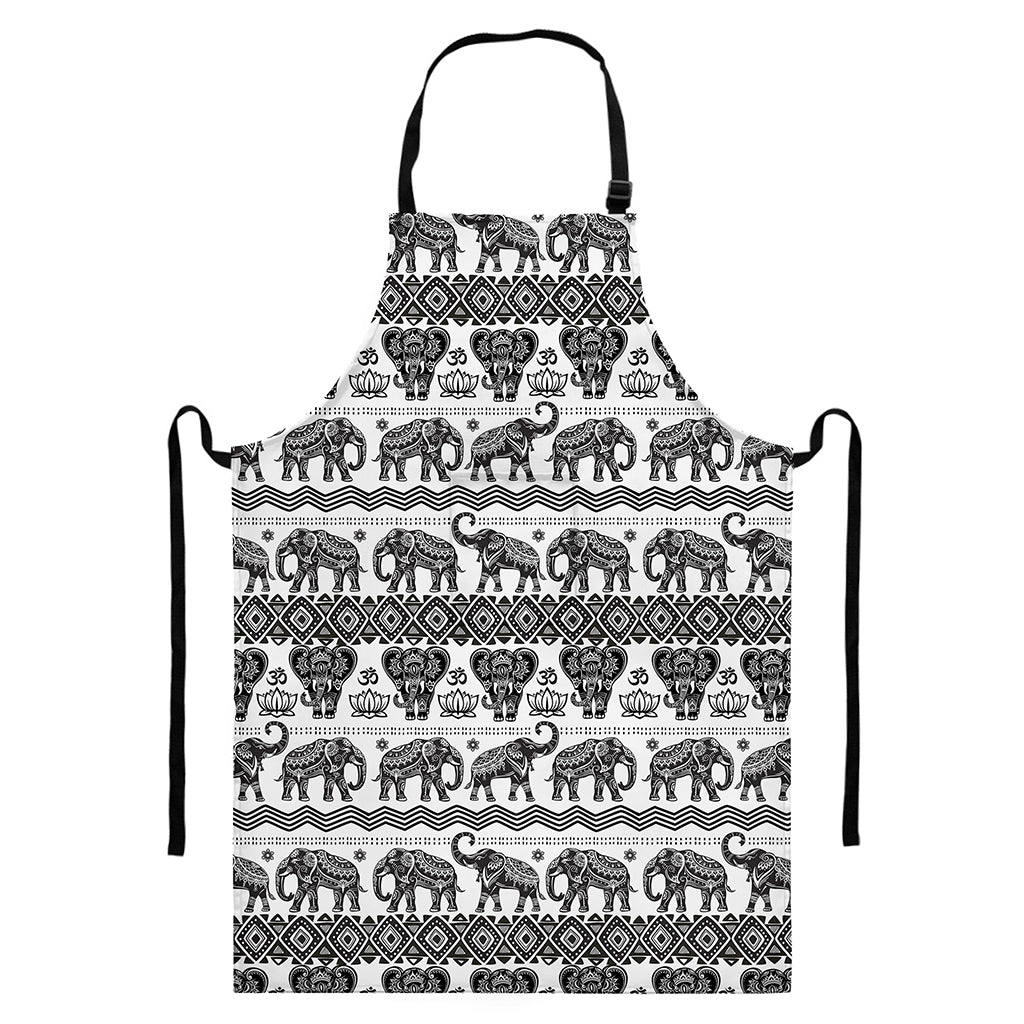 White And Black Indian Elephant Print Bib Apron With Pocket