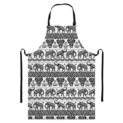 White And Black Indian Elephant Print Bib Apron With Pocket