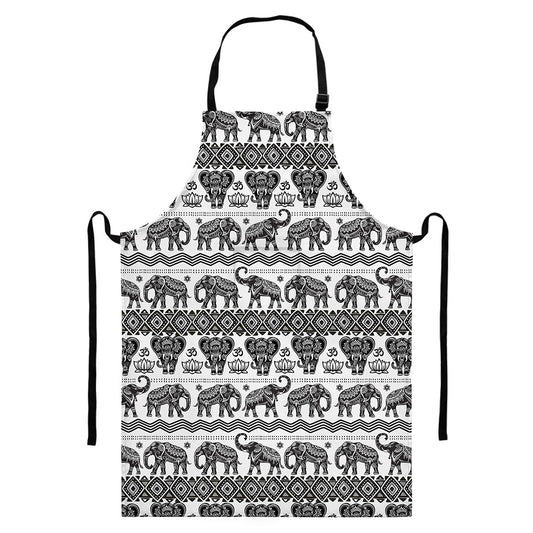 White And Black Indian Elephant Print Bib Apron With Pocket