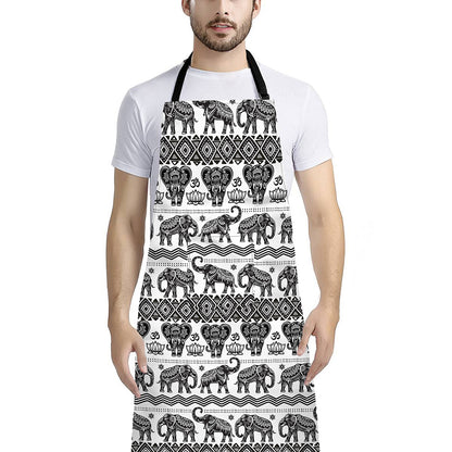 White And Black Indian Elephant Print Bib Apron With Pocket