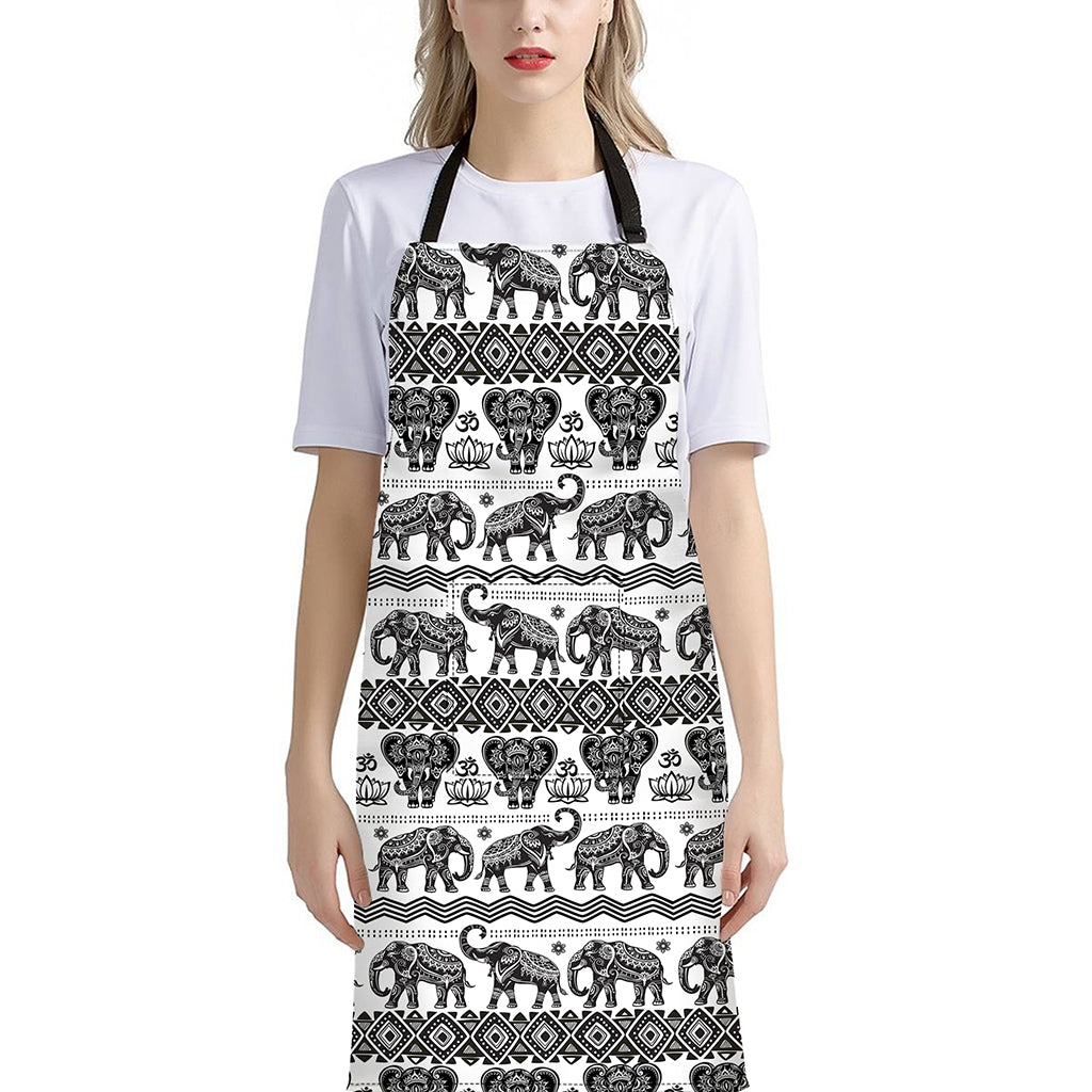 White And Black Indian Elephant Print Bib Apron With Pocket