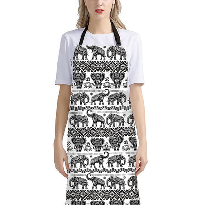 White And Black Indian Elephant Print Bib Apron With Pocket