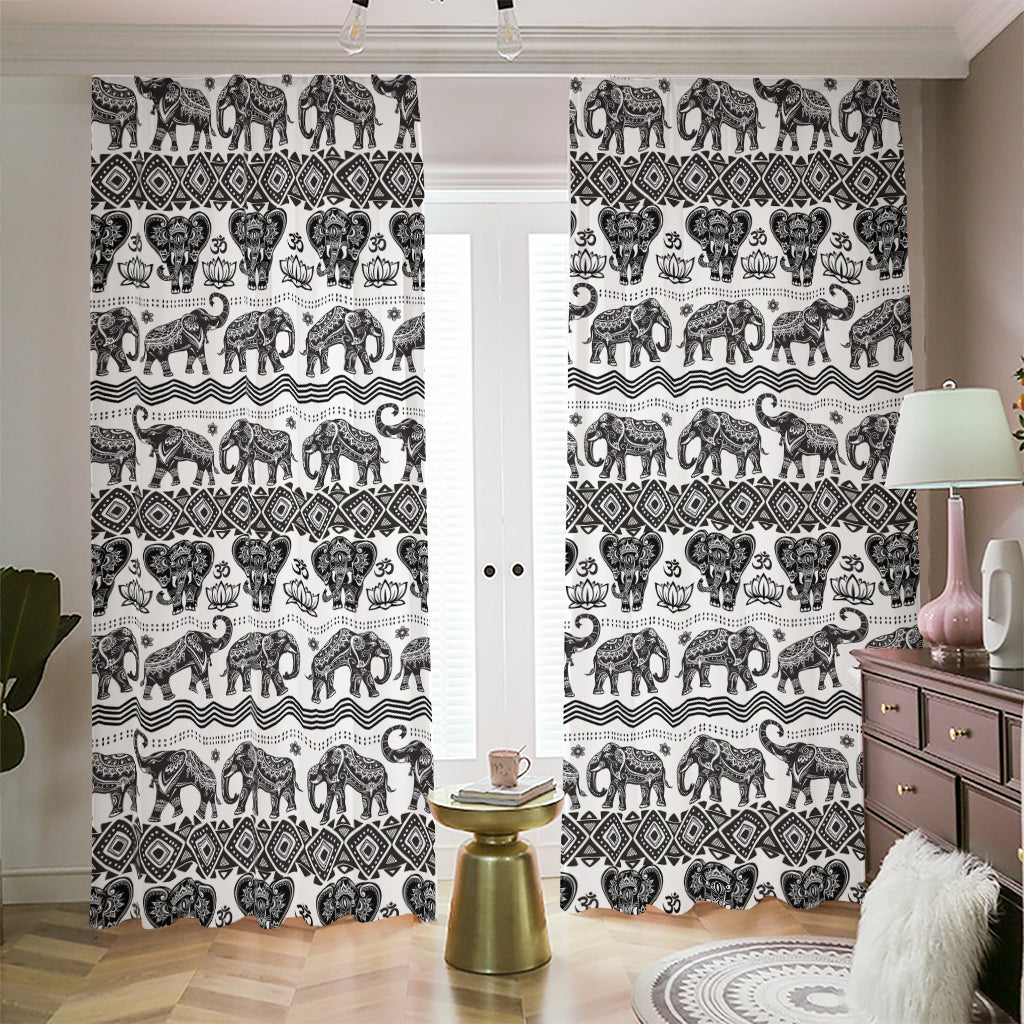 White And Black Indian Elephant Print Blackout Pencil Pleat Curtains