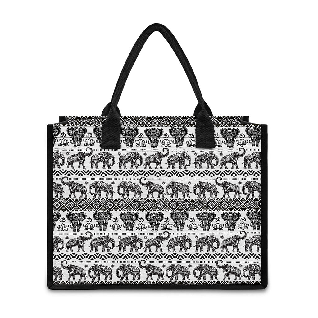 White And Black Indian Elephant Print Canvas Tote Bag