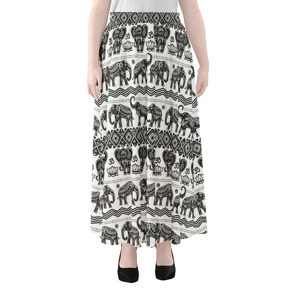 White And Black Indian Elephant Print Chiffon Maxi Skirt