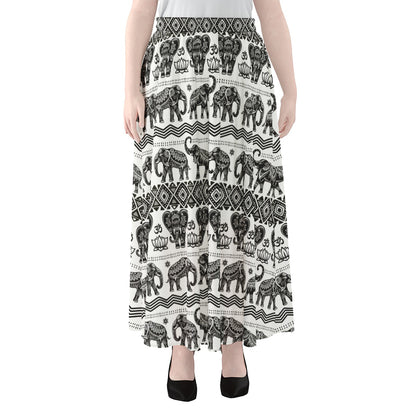 White And Black Indian Elephant Print Chiffon Maxi Skirt