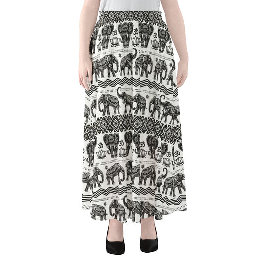 White And Black Indian Elephant Print Chiffon Maxi Skirt