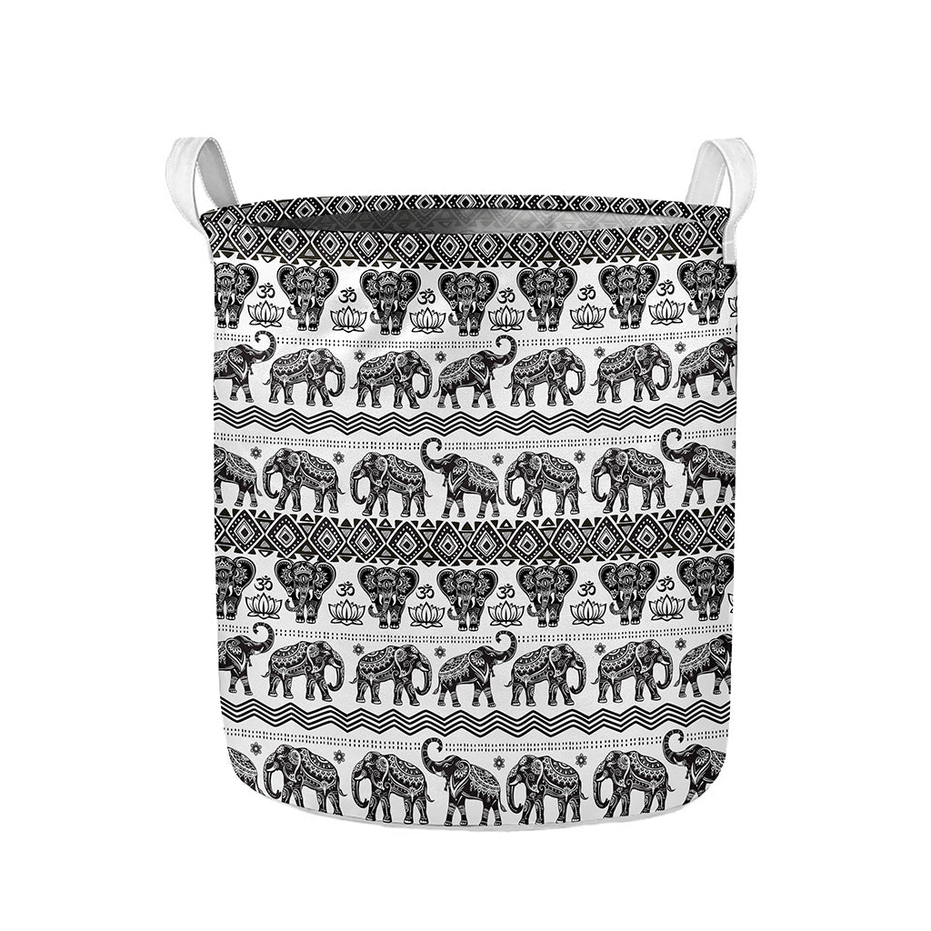 White And Black Indian Elephant Print Collapsible Laundry Basket