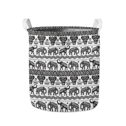 White And Black Indian Elephant Print Collapsible Laundry Basket