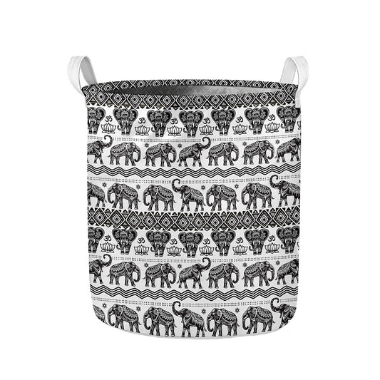 White And Black Indian Elephant Print Collapsible Laundry Basket