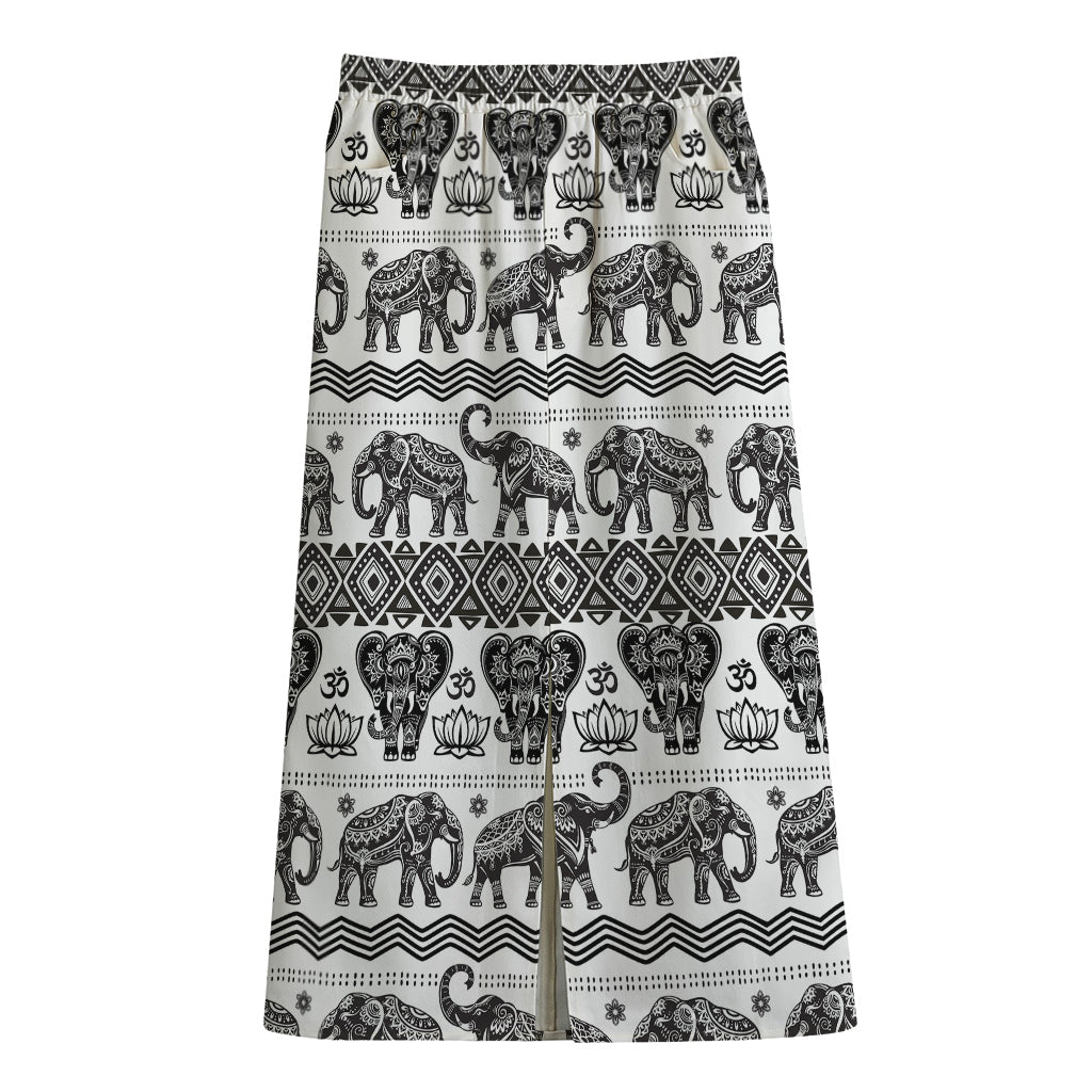 White And Black Indian Elephant Print Cotton Front Slit Maxi Skirt