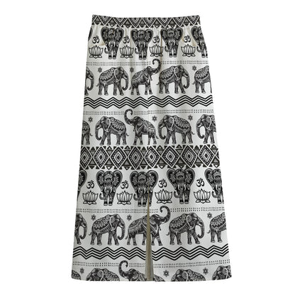 White And Black Indian Elephant Print Cotton Front Slit Maxi Skirt