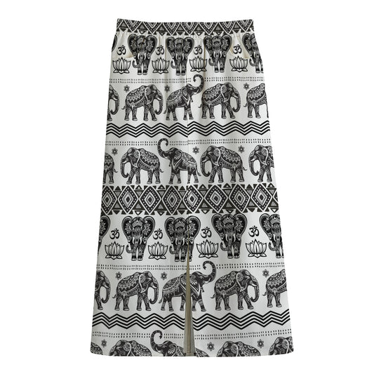 White And Black Indian Elephant Print Cotton Front Slit Maxi Skirt
