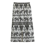 White And Black Indian Elephant Print Cotton Front Slit Maxi Skirt
