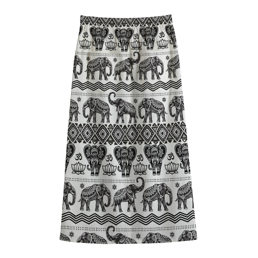 White And Black Indian Elephant Print Cotton Front Slit Maxi Skirt