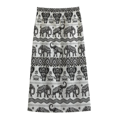 White And Black Indian Elephant Print Cotton Front Slit Maxi Skirt