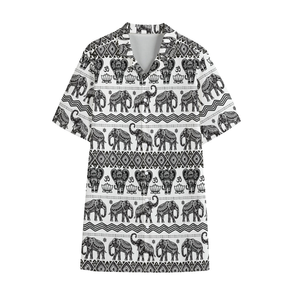 White And Black Indian Elephant Print Cotton Hawaiian Shirt