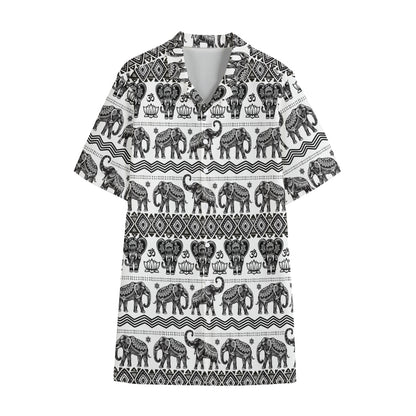 White And Black Indian Elephant Print Cotton Hawaiian Shirt