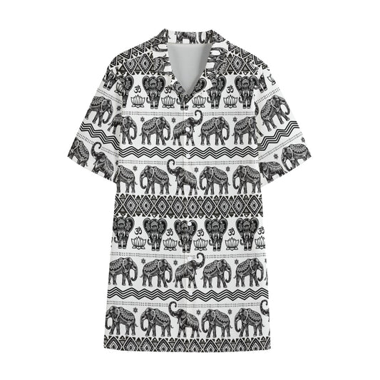 White And Black Indian Elephant Print Cotton Hawaiian Shirt