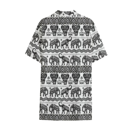 White And Black Indian Elephant Print Cotton Hawaiian Shirt