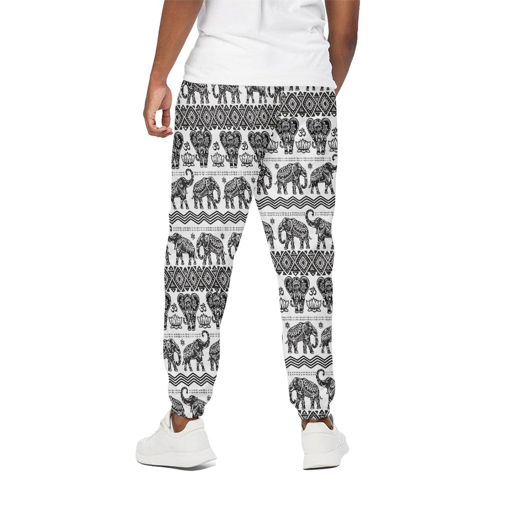 White And Black Indian Elephant Print Cotton Pants