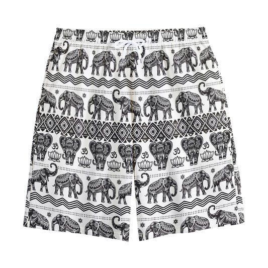 White And Black Indian Elephant Print Cotton Shorts