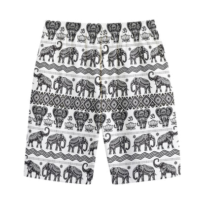 White And Black Indian Elephant Print Cotton Shorts