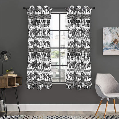 White And Black Indian Elephant Print Curtain