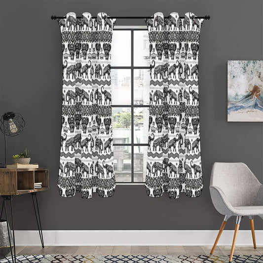White And Black Indian Elephant Print Curtain