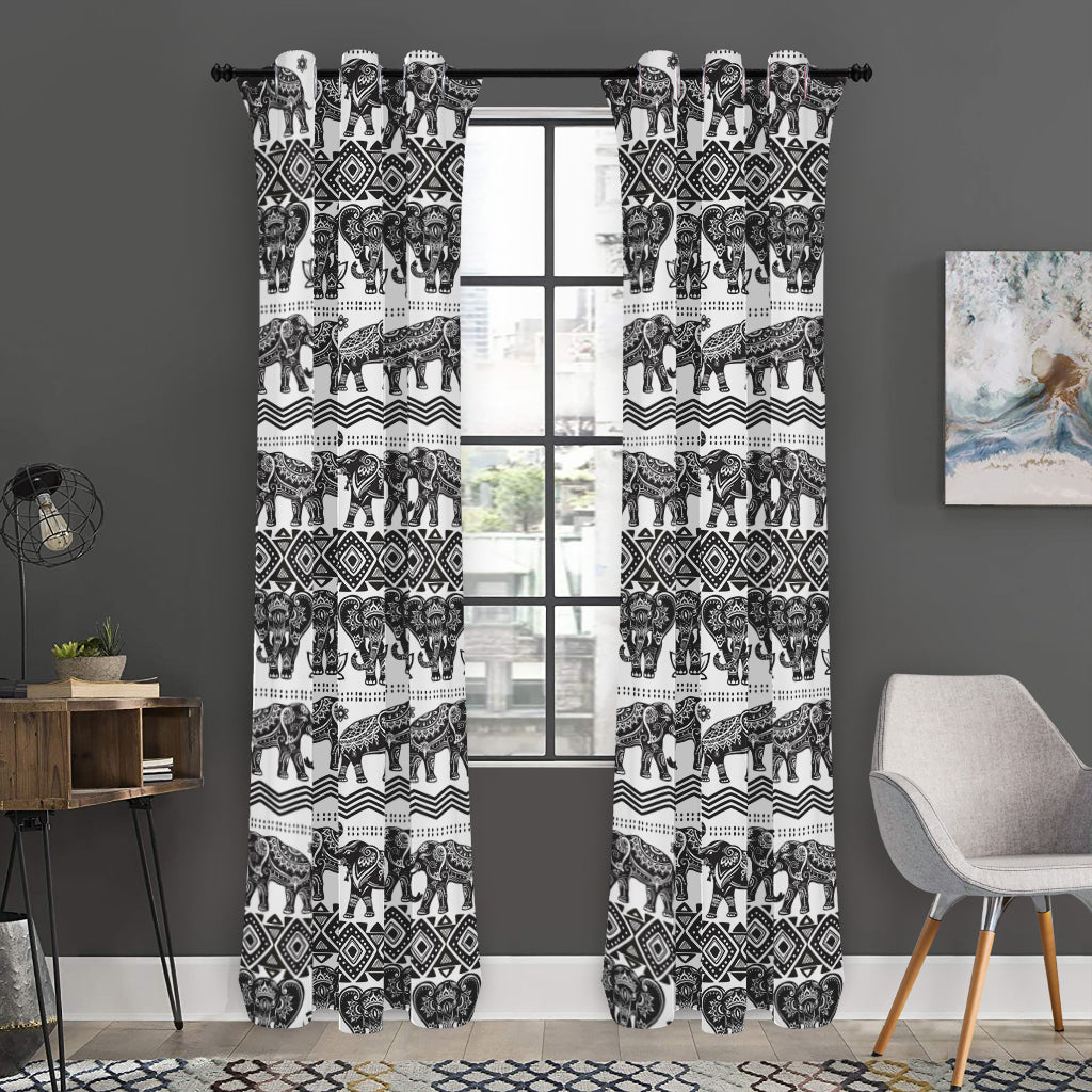 White And Black Indian Elephant Print Curtain