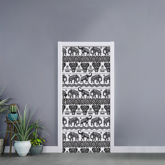 White And Black Indian Elephant Print Door Sticker