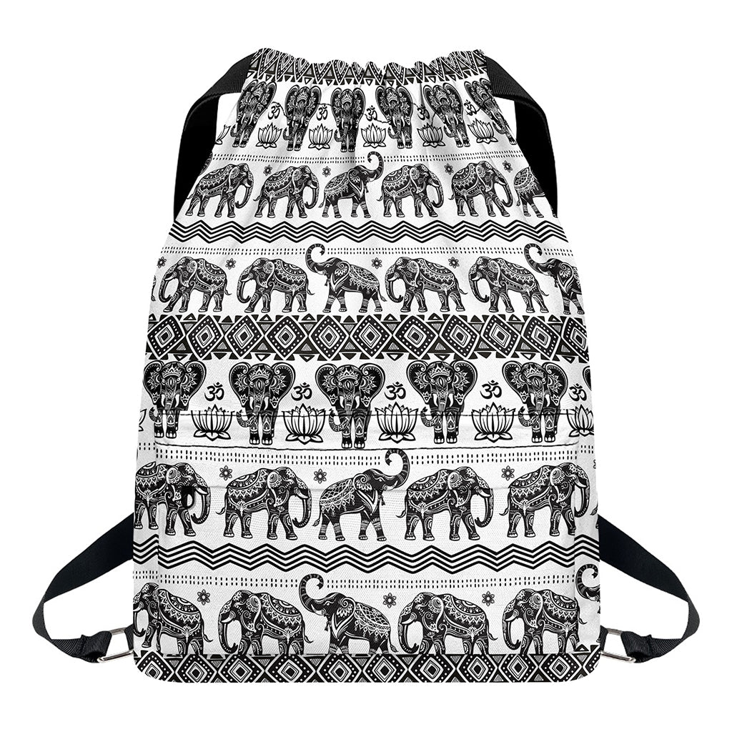 White And Black Indian Elephant Print Drawstring Backpack