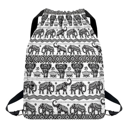 White And Black Indian Elephant Print Drawstring Backpack