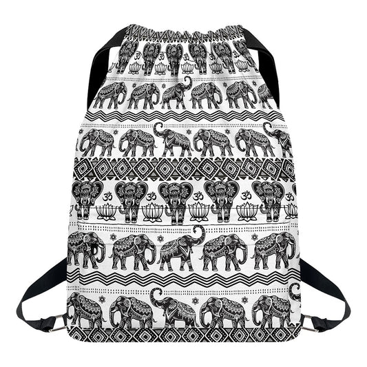White And Black Indian Elephant Print Drawstring Backpack