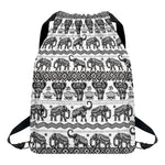 White And Black Indian Elephant Print Drawstring Backpack