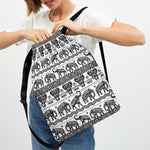 White And Black Indian Elephant Print Drawstring Backpack
