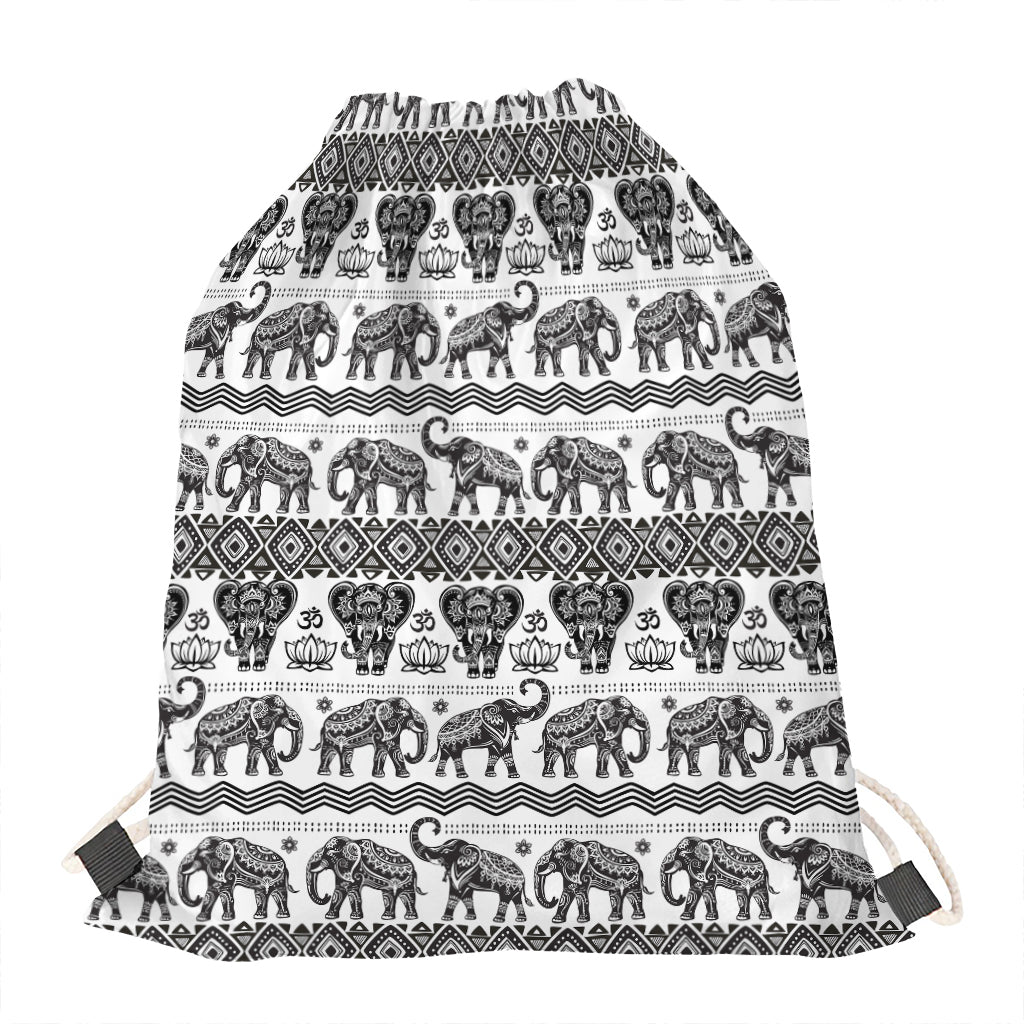 White And Black Indian Elephant Print Drawstring Bag