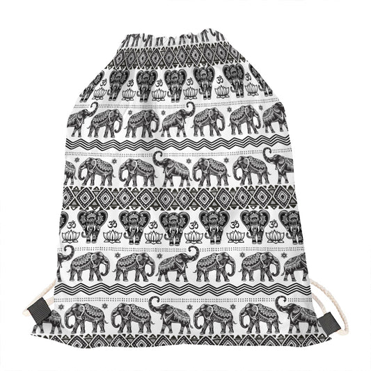 White And Black Indian Elephant Print Drawstring Bag