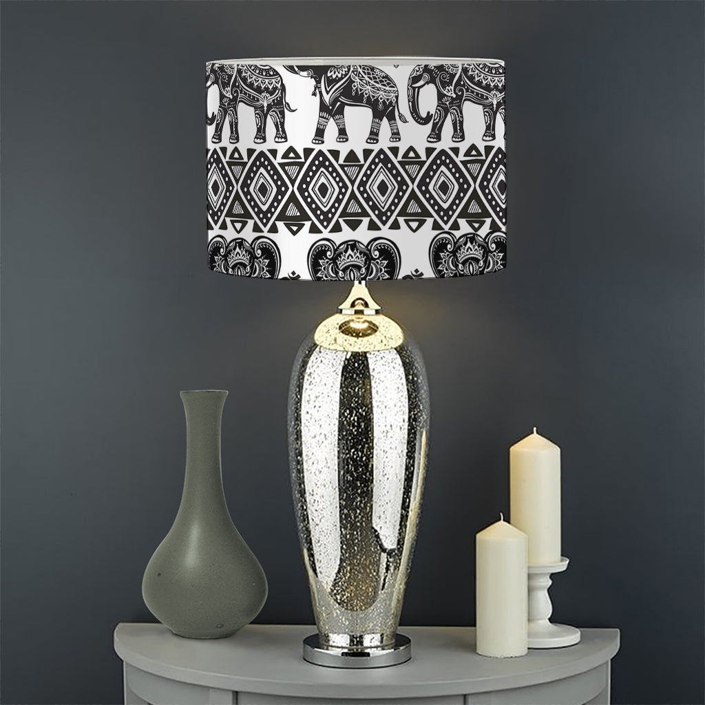 White And Black Indian Elephant Print Drum Lamp Shade