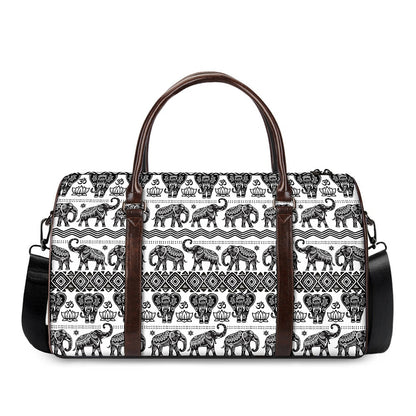 White And Black Indian Elephant Print Duffle Bag