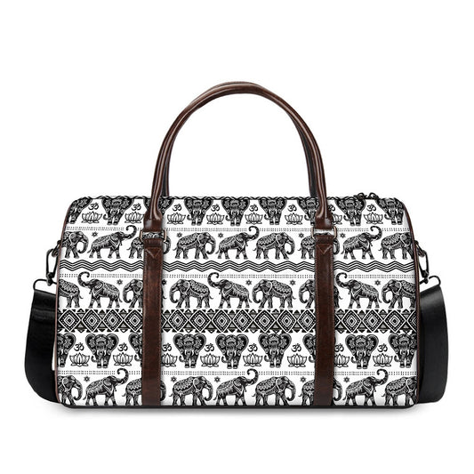 White And Black Indian Elephant Print Duffle Bag