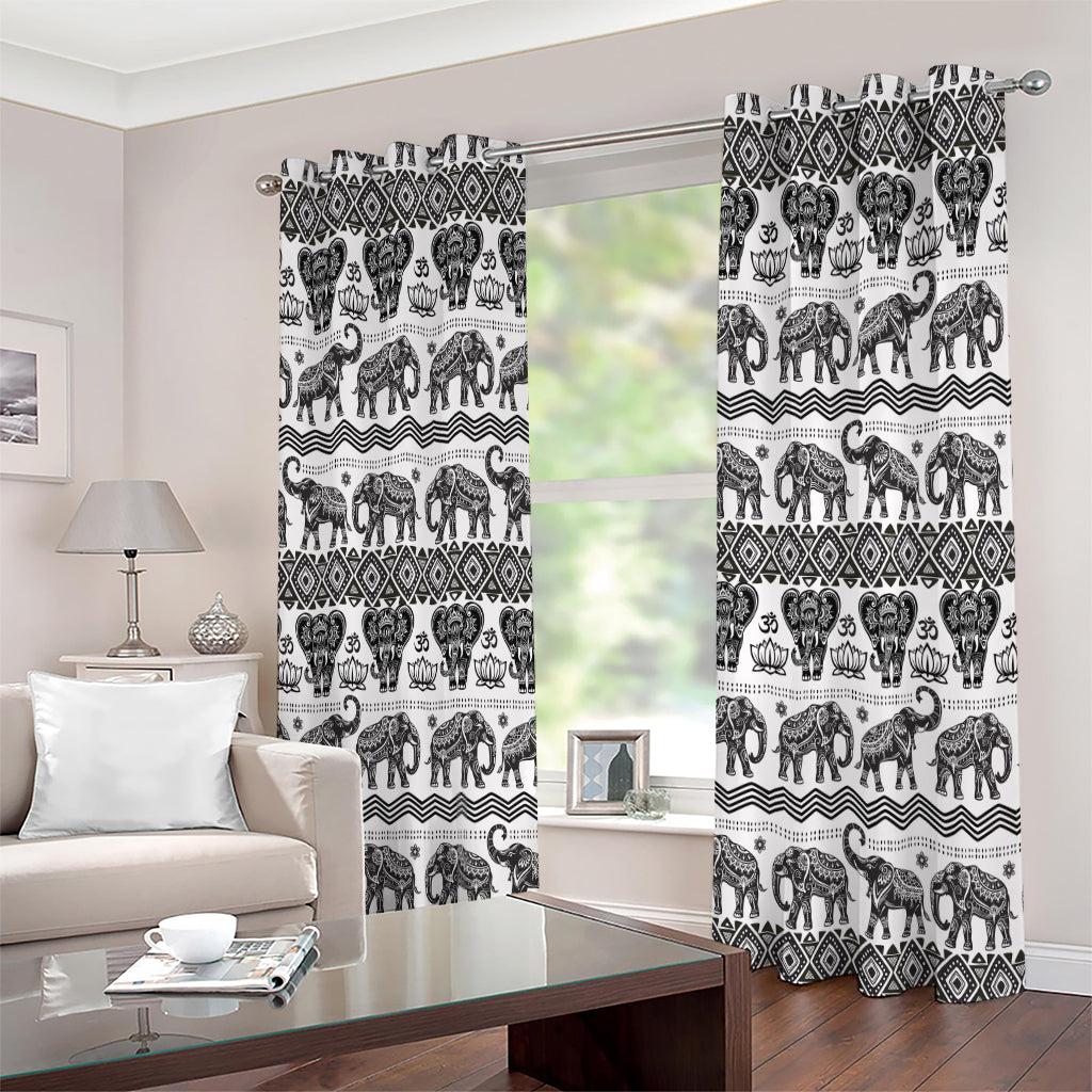 White And Black Indian Elephant Print Extra Wide Grommet Curtains