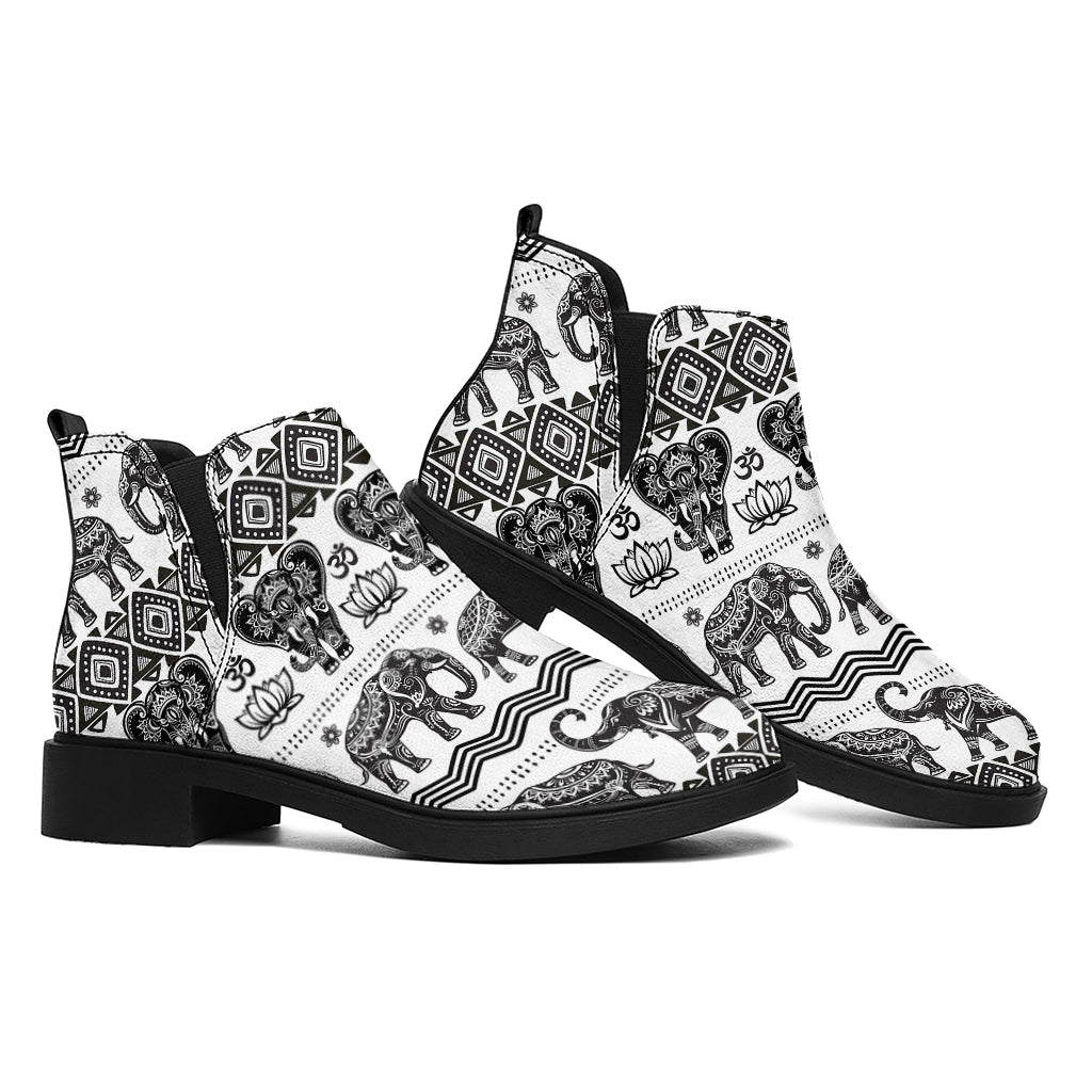 White And Black Indian Elephant Print Flat Ankle Boots