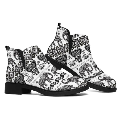 White And Black Indian Elephant Print Flat Ankle Boots