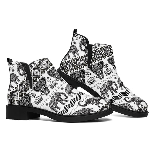 White And Black Indian Elephant Print Flat Ankle Boots