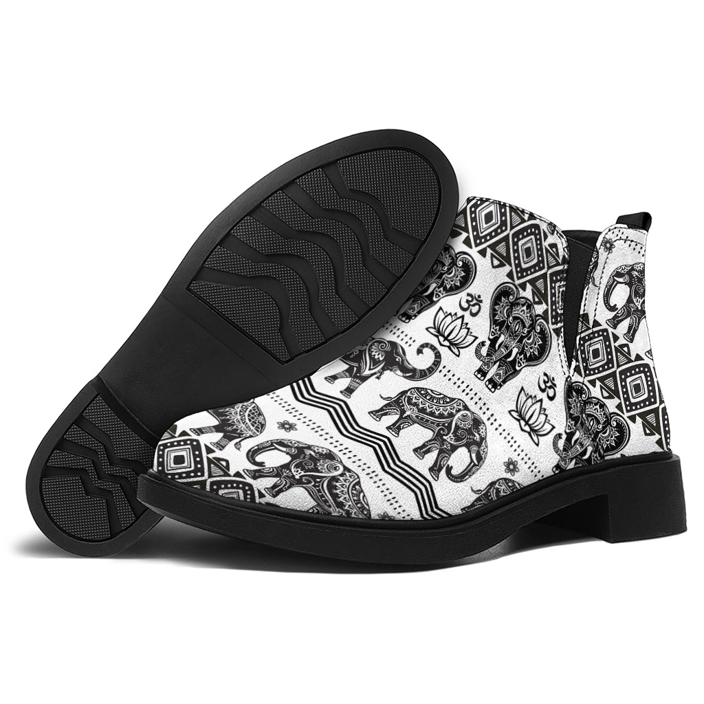 White And Black Indian Elephant Print Flat Ankle Boots